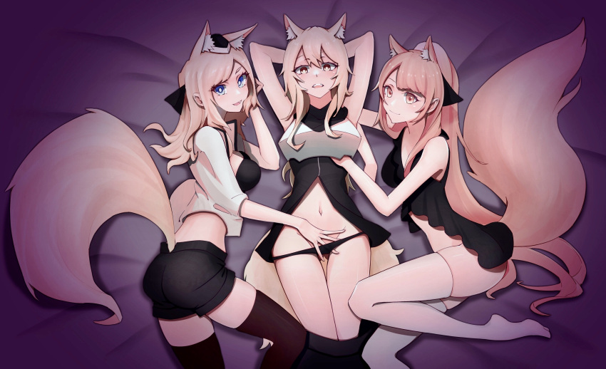 2020 absolute_territory absurd_res animal_humanoid arknights armor bed blemishine_(arknights) blonde_hair blue_eyes bottomwear breasts clothed clothing female fur furniture ghosty223 glistening glistening_hair group hair hand_on_breast hat headgear headwear hi_res humanoid hypergryph inner_ear_fluff legwear looking_at_viewer lying mammal mammal_humanoid navel nearl_(arknights) shorts smile studio_montagne thigh_highs tuft underwear video_games whislash_(arknights) white_body white_fur yellow_eyes