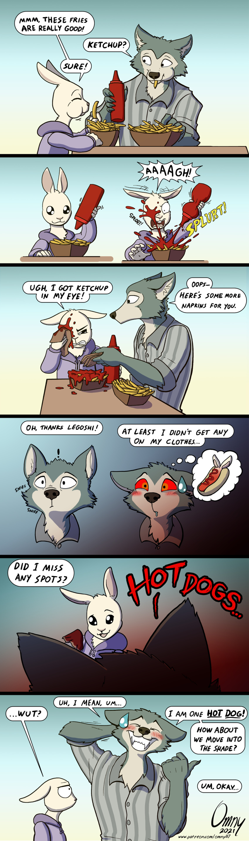 ! 2021 absurd_res accident anthro beastars black_nose blush bodily_fluids canid canine canis clothed clothing comic dialogue digital_media_(artwork) domestic_rabbit duo dwarf_rabbit eating embarrassed english_text eye_contact eyes_closed female food fries fur grey_body grey_fur grin haru_(beastars) hi_res hoodie humor hungry imagination instinct_legoshi_(beastars) ketchup lagomorph legoshi_(beastars) leporid looking_at_another male male/female mammal napkin omny87 oryctolagus pattern_clothing pattern_shirt pattern_topwear rabbit red_eyes shirt signature smile sniffing speech_bubble splatter striped_clothing striped_shirt striped_topwear stripes sweat sweatdrop teeth text thought_bubble toothy_grin topwear url white_body white_fur wolf