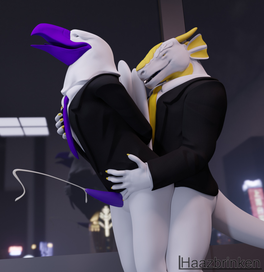 3d_(artwork) accipitrid accipitriform anal anal_penetration anthro avian beak bird bodily_fluids charles clothed clothing cum cum_string cumshot digital_media_(artwork) dragon duo eagle ejaculation erection feathers from_behind_position genital_fluids genitals gold_scales grey_body haazbrinken haazbrinken_(character) hi_res horn male male/male male_penetrated male_penetrating male_penetrating_male necktie open_mouth penetration penis purple_beak purple_penis scales scalie sex smile standing standing_sex suit tapering_penis western_dragon