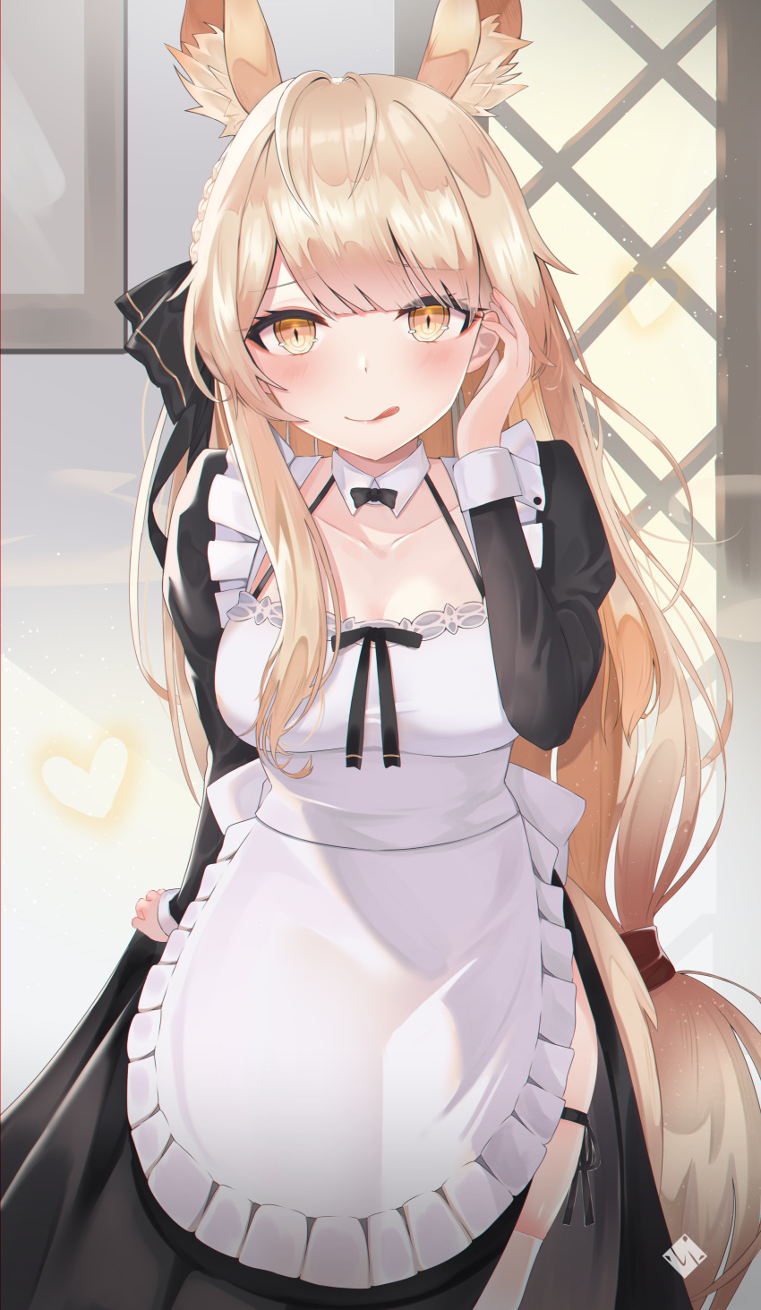 1girl :q absurdres alternate_costume animal_ear_fluff animal_ears apron arknights bangs black_dress blemishine_(arknights) blonde_hair blush breasts collar collarbone commentary cowboy_shot dress enmaided eyebrows_visible_through_hair frilled_apron frills hair_ribbon halterneck highres horse_ears horse_girl horse_tail indoors juliet_sleeves long_hair long_sleeves looking_at_viewer maid maid_apron medium_breasts myomura puffy_sleeves red_ribbon ribbon solo standing tail thighhighs tongue tongue_out very_long_hair white_apron white_collar white_legwear yellow_eyes