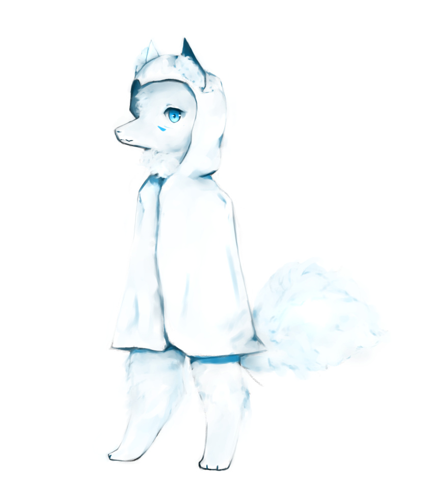 absurd_res ambiguous_gender anthro blue_eyes blue_sclera canid canine canis clothing fluffy fluffy_tail fur hi_res mammal markings markings_(fur) paws simple_background smile snoiifoxxo solo white_background white_body white_fur wolf