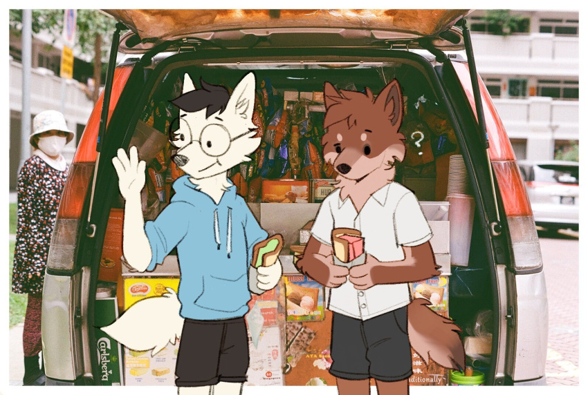 2021 ? anthro apartment banner beady_eyes black_eyes black_nose border bottomwear bread brown_body brown_fur bucket canid canine canis car carlsberg chips_(food) clothing commercial_vehicle covid-19_pandemic cup delivery_(commerce) delivery_vehicle dessert domestic_dog door dress_shirt duo duo_focus eating eating_food edit eyebrows eyewear female fluffy fluffy_tail food food_truck fur gate gesture glasses group hair hat headgear headwear hoodie human ice_cream ice_cream_sandwich ice_cream_van license_plate looking_at_viewer looking_away looking_down male mammal mask mature_female medium_truck misu_(misumutt) monotone_body monotone_fur multi-stop_van multicolored_body multicolored_fur nordic_sled_dog parking_lot photo_background photo_manipulation photomorph plant potato_chips public raised_eyebrow samoyed sandwich_(food) shirt short_tail shorts sign singapore snack snacks spitz stevie_choo tay_(monochromemutt) topwear tree truck_(vehicle) two_tone_body two_tone_fur two_tone_tail van vehicle waving waving_hand white_body white_border white_fur white_hair white_tail window