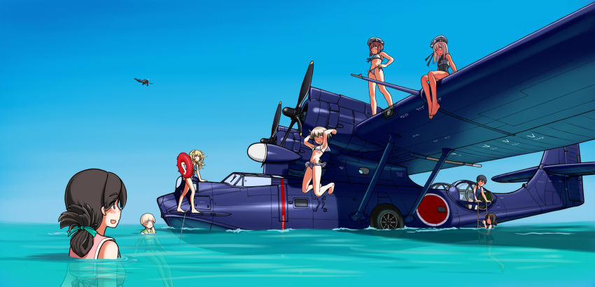 6+girls a5m absurdres abyssal_ship aircraft airplane bikini black_hair blonde_hair blue_headwear blue_sky blue_swimsuit brown_hair commentary_request consolidated_pby_catalina daitou_(kancolle) day dress enemy_lifebuoy_(kancolle) flying_boat folded_ponytail gambier_bay_(kancolle) gradient_sky green_bikini hair_ornament hat hiburi_(kancolle) highres innertube kantai_collection kasuga_maru_(kancolle) long_hair multiple_girls ocean outdoors pink_bikini ponytail porusasu ro-500_(kancolle) sailor_bikini sailor_collar sailor_dress sailor_hat school_swimsuit shin'you_(kancolle) short_hair silver_hair sky swimsuit water white_bikini white_headwear white_sailor_collar z1_leberecht_maass_(kancolle) z3_max_schultz_(kancolle)
