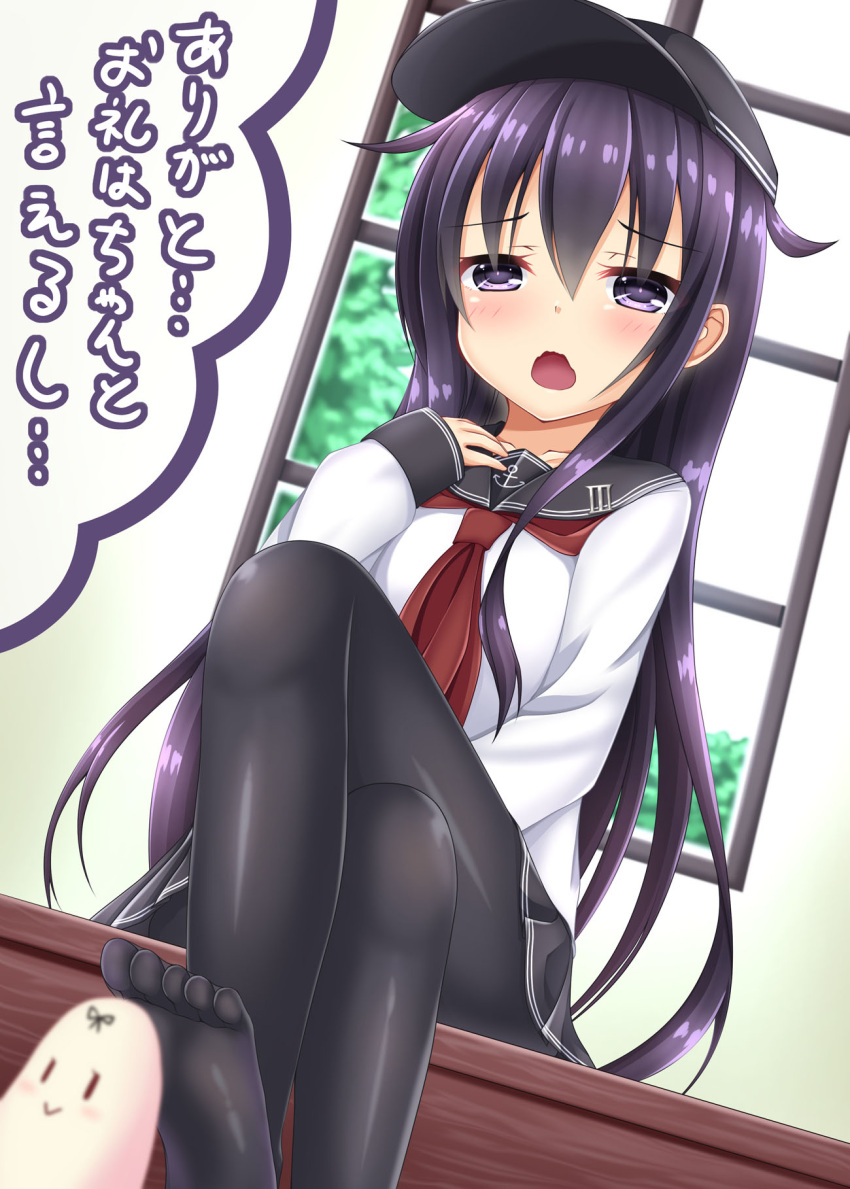 1girl :&gt; akatsuki_(kancolle) black_legwear blush hat highres kantai_collection long_hair neckerchief open_mouth pantyhose purple_eyes purple_hair school_uniform serafuku sexually_suggestive sitting skirt solo the_yuudachi-like_creature toes translation_request window yuuki_miyabi |_|