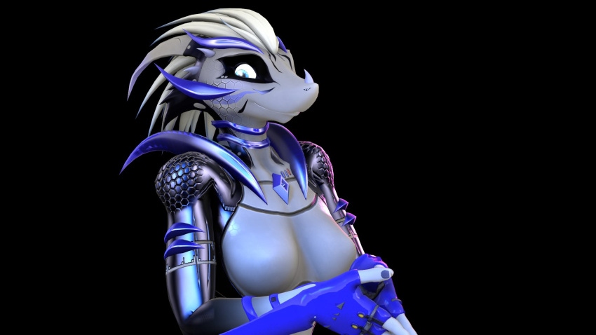 16:9 2020 3d_(artwork) alien alilkira android anthro biyemorph black_background black_body black_scales blue_body blue_eyes blue_scales breasts digital_media_(artwork) female grey_body grey_scales hair hi_res horn looking_at_viewer machine multicolored_body multicolored_scales robot scales scalie simple_background solo warfaremachine white_hair widescreen