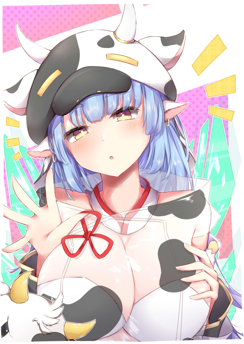 1girl animal_ears animal_print bare_shoulders blue_hair blush breasts cleavage cow cow_ears cow_horns cow_print detached_collar draph earrings eyebrows_visible_through_hair granblue_fantasy hat highres horns jewelry large_breasts long_hair open_mouth shatola_(granblue_fantasy) solo sorahachi_(sora823) upper_body yellow_eyes