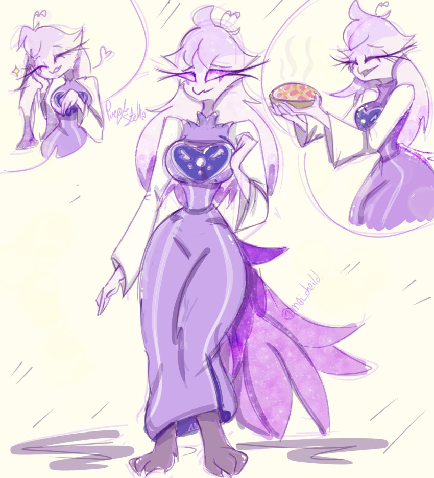 anthro avian beak breasts claws clothed clothing cosplay crossover demon dove_momma female fluffy fluffy_tail fur helluva_boss hi_res multicolored_body multicolored_fur open_mouth open_smile purple_body purple_fur simple_background smile solo stella_(vivzmind) toriel two_tone_body two_tone_fur undertale video_games white_background white_body white_fur