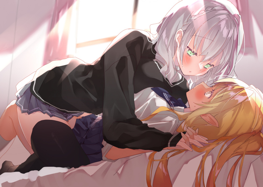 2girls bed hololive long_hair shiranui_flare shirogane_noel shoujo_ai tagme_(artist)