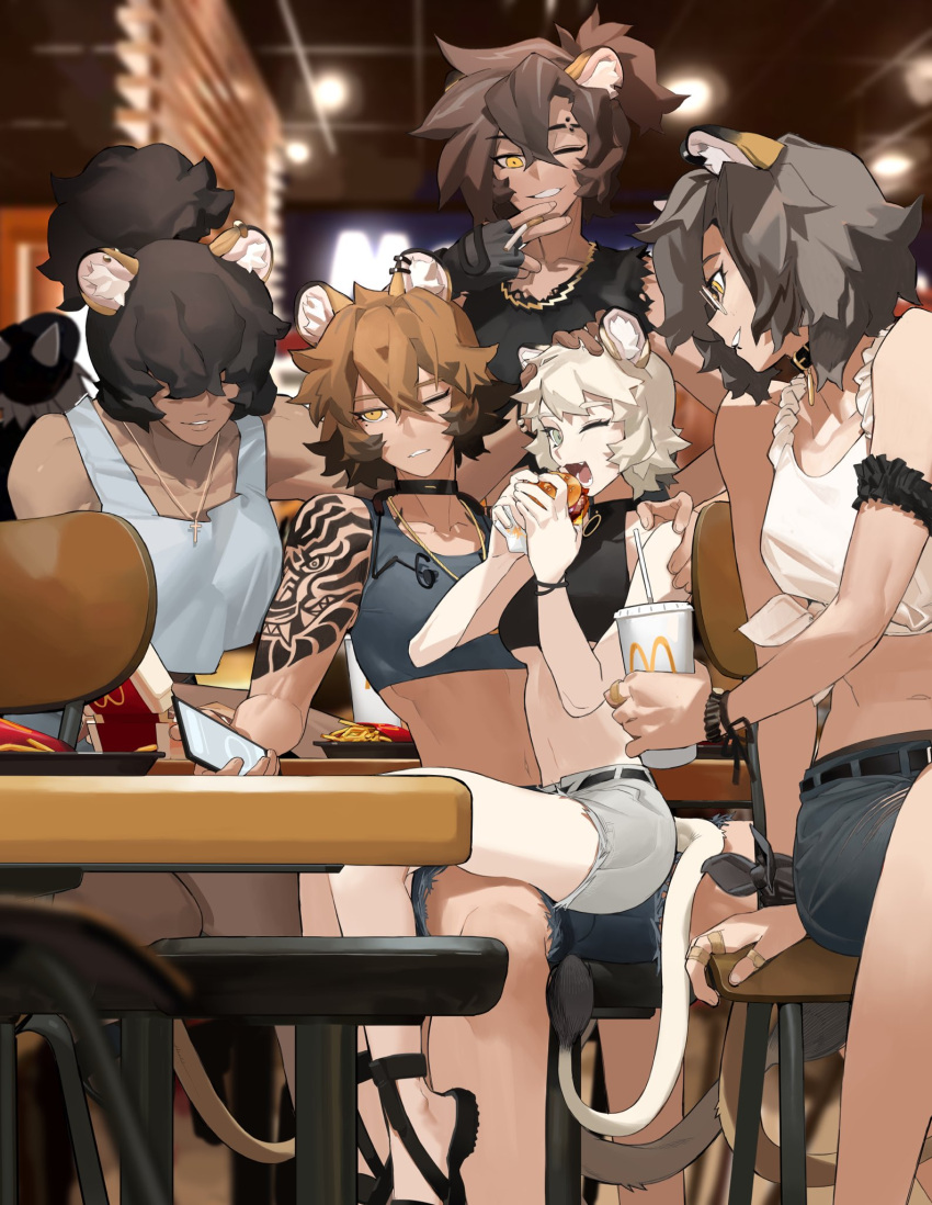 5girls animal_ears black_footwear black_hair black_shorts bracelet breasts brown_hair chair copyright_request cup food grey_hair grey_shorts hamburger highres holding holding_cup holding_food jewelry knifedragon lion_ears lion_tail mcdonald's midriff multiple_girls necklace one_eye_closed profile shirt shorts table tail tattoo tied_shirt underboob white_hair yellow_eyes