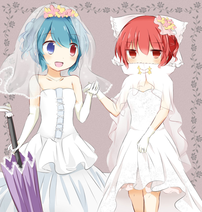 2girls :d bangs blue_eyes blue_hair bow bridal_veil cloak covered_mouth cowboy_shot dress elbow_gloves eyebrows_visible_through_hair flower gloves grey_background hair_bow hair_flower hair_ornament heterochromia highres holding holding_clothes holding_dress holding_hands holding_umbrella looking_at_another looking_at_viewer multiple_girls off-shoulder_dress off_shoulder open_mouth puchimirin purple_umbrella red_eyes red_hair sekibanki short_hair smile standing tatara_kogasa touhou umbrella veil wedding wedding_dress white_bow white_gloves yuri