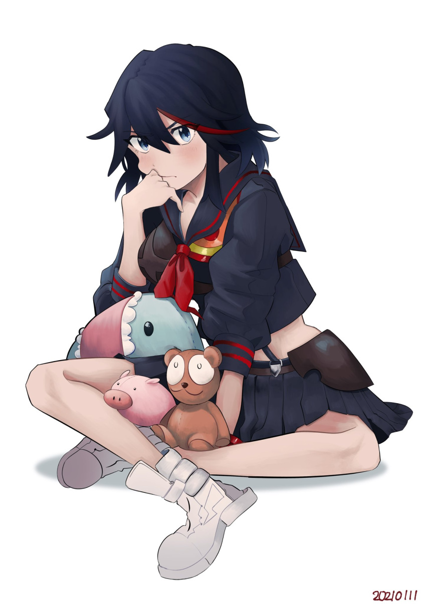 1girl black_hair black_serafuku black_skirt blue_eyes dated hand_on_own_cheek hand_on_own_face highlights highres holster kill_la_kill living_clothes looking_at_viewer matoi_ryuuko mito_keiji multicolored_hair red_hair school_uniform senketsu serafuku short_hair simple_background skirt solo streaked_hair stuffed_animal stuffed_elephant stuffed_pig stuffed_toy teddy_bear white_background white_footwear