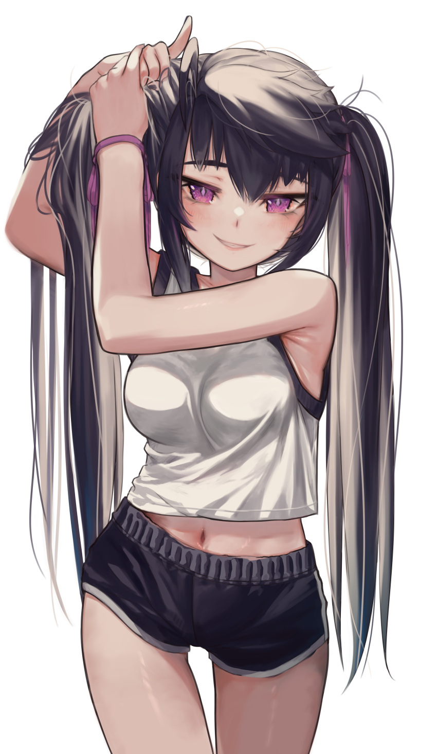 1girl absurdres ahoge armpits bangs black_hair black_shorts blush breasts commentary cowboy_shot dolphin_shorts hair_tie highres holding holding_hair long_hair looking_at_viewer medium_breasts midriff navel original priite_hari_(torriet) purple_eyes shirt short_shorts shorts sleeveless sleeveless_shirt smile solo standing torriet twintails tying_hair very_long_hair white_background white_shirt