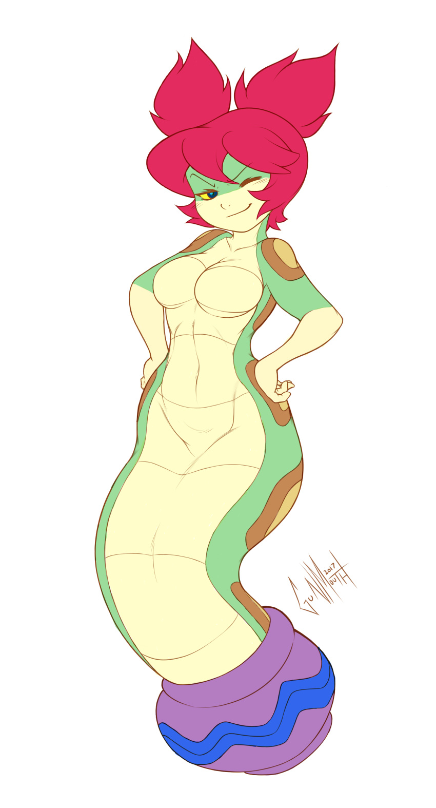 absurd_res anthro blue_eyes blush breasts colored edit featureless_breasts female green_body gunmouth hi_res multicolored_body one_eye_closed red_eyes reptile scalie simple_background smile snake solo tuki