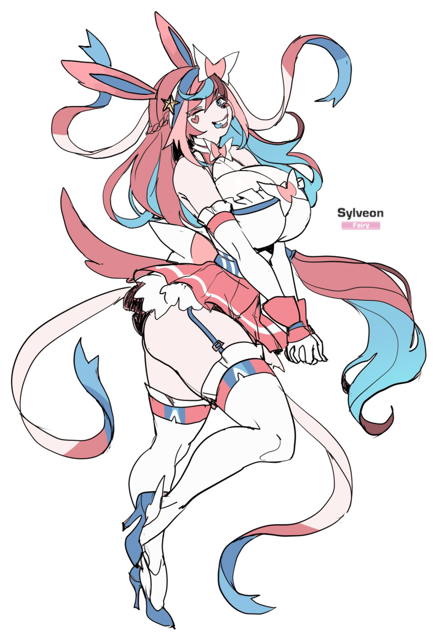 anthro big_breasts breasts butt cleavage clothed clothing eeveelution female garter_straps hair hi_res high_heels legwear maniacpaint nintendo one_eye_closed pink_hair pok&eacute;mon pok&eacute;mon_(species) simple_background solo sylveon thigh_highs video_games white_background wink