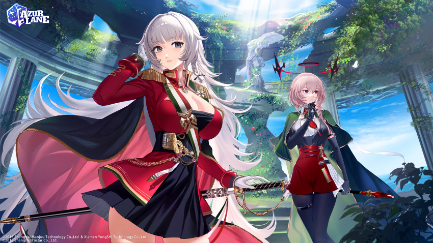 2girls absurdres azur_lane bangs black_dress blue_sky braid breasts bug butterfly cape cleavage cloud cloudy_sky commentary copyright_name day dress duca_degli_abruzzi_(azur_lane) elbow_gloves epaulettes eyebrows_visible_through_hair gloves highres holding hoojiro insect large_breasts light_brown_hair lips logo long_hair long_sleeves multiple_girls official_art pantyhose parted_lips prosthesis prosthetic_arm red_eyes sheath sheathed shiny shiny_hair short_dress silver_eyes silver_hair skirt sky sunlight sword thigh_strap tied_hair vittorio_veneto_(azur_lane) weapon white_gloves