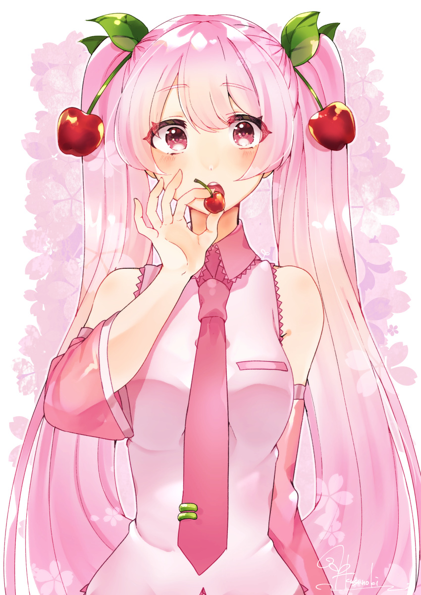 1girl :o absurdres bare_shoulders cherry cherry_blossoms cherry_hair_ornament commentary detached_sleeves eating floral_background food food_themed_hair_ornament fruit hair_ornament hatsune_miku headphones headset highres holding holding_food holding_fruit kusunokimizuha long_hair looking_at_viewer necktie open_mouth pink_eyes pink_hair pink_neckwear pink_skirt pink_sleeves pink_theme sakura_miku shirt signature skirt sleeveless sleeveless_shirt solo standing twintails very_long_hair vocaloid white_shirt