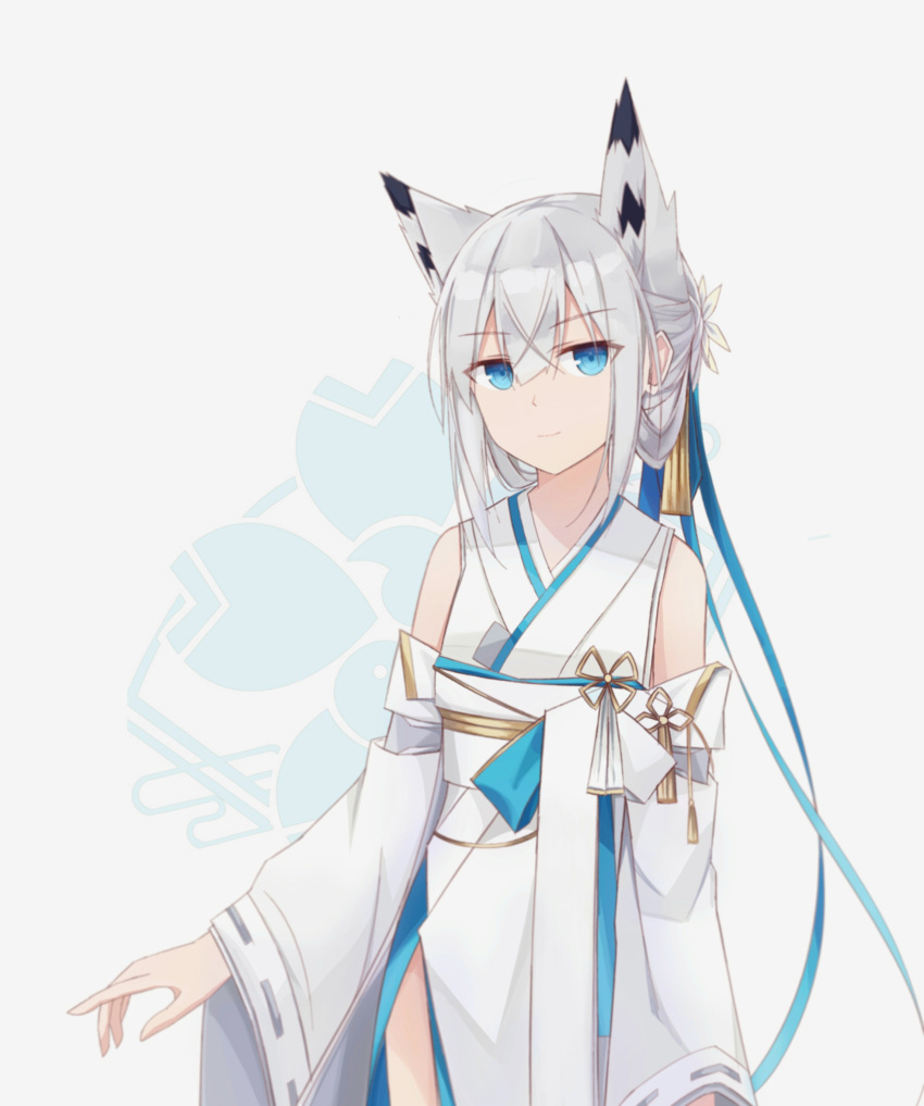 1girl absurdres animal_ears azur_lane bangs blue_eyes commentary_request detached_sleeves eyebrows_visible_through_hair eyes_visible_through_hair fox_ears hair_between_eyes hair_ornament hair_ribbon highres japanese_clothes kawakaze_(azur_lane) kawakaze_(unsullied_white_fox)_(azur_lane) kimono long_hair looking_at_viewer obi ribbon ribbon-trimmed_sleeves ribbon_trim sakura_empire_(emblem) sash shasha_(shasha159357) sidelocks silver_hair simple_background smile solo uchikake white_background white_kimono wide_sleeves