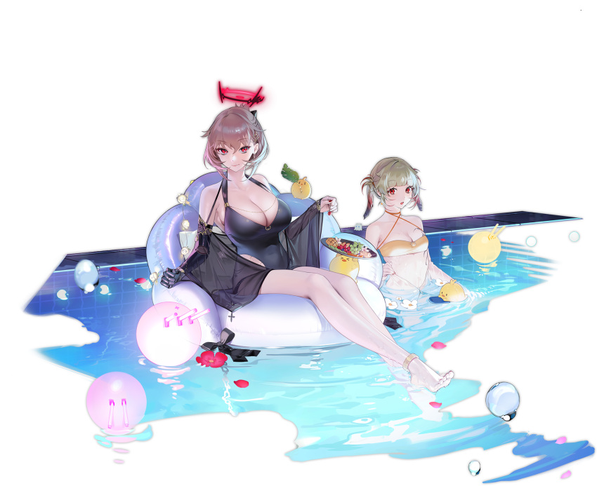 2girls azur_lane bare_shoulders barefoot bikini black_bow black_swimsuit blue_hair blush bow breasts brown_hair building city cleavage closed_mouth collarbone covered_navel duca_degli_abruzzi_(azur_lane) duca_degli_abruzzi_(lustrous_onyx_sirenetta)_(azur_lane) fingernails flower food fruit grey_hair highres holding in_water jacket jewelry large_breasts leaf looking_at_viewer manjuu_(azur_lane) mechanical_arms medium_breasts multicolored_hair multiple_girls necktie official_art ohisashiburi one-piece_swimsuit open_mouth partially_submerged petals pool prosthesis prosthetic_arm red_eyes red_hair red_nails see-through shiny shiny_hair short_hair short_twintails single_mechanical_arm sitting smile sunglasses swimming swimsuit tied_hair toes transparent_background tray twintails water wet yellow_bikini