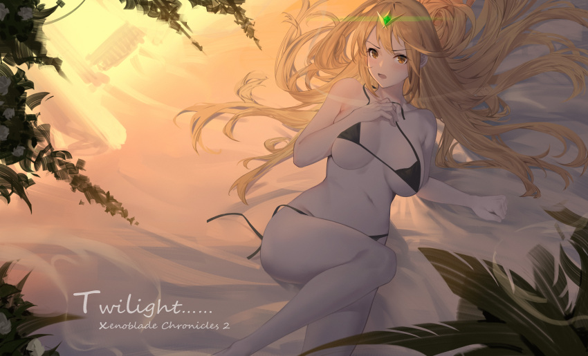 absurdres bangs beach bikini breasts highres kray._(k-ray) large_breasts long_hair mythra_(xenoblade) sand solo swept_bangs swimsuit tiara very_long_hair xenoblade_chronicles_(series) xenoblade_chronicles_2 yellow_eyes