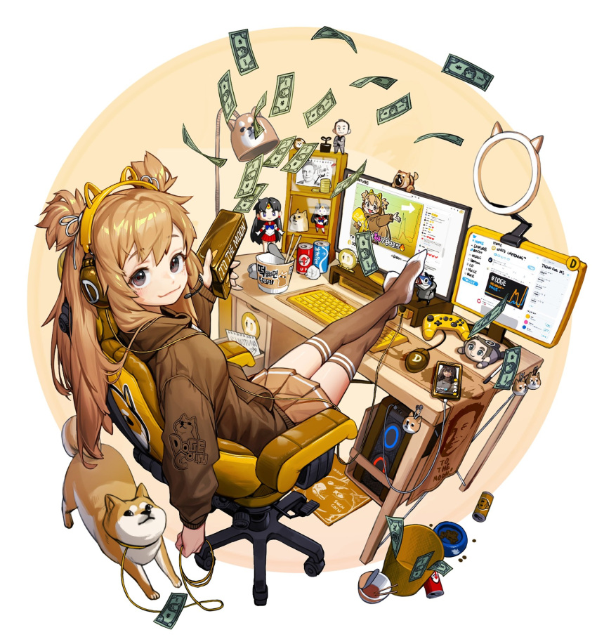 1girl artist_name bishoujo_senshi_sailor_moon blush brown_eyes brown_hair brown_jacket brown_legwear brown_skirt can cellphone chair charm_(object) chopsticks coin computer_tower controller dog_food doge dollar_bill elon_musk eyebrows_visible_through_hair figure game_controller gaming_chair hair_ornament hair_ribbon headphones highres holding holding_leash instant_ramen jacket keyboard_(computer) lamp leash legs_up long_hair looking_at_viewer looking_back mat monitor mouse_(computer) no_shoes original pen phone pleated_skirt ribbon rinotuna sailor_mars shiba_inu simple_background skirt smartphone smile soda_can solo speaker stuffed_toy thighhighs trash_can twintails white_ribbon youtube zettai_ryouiki