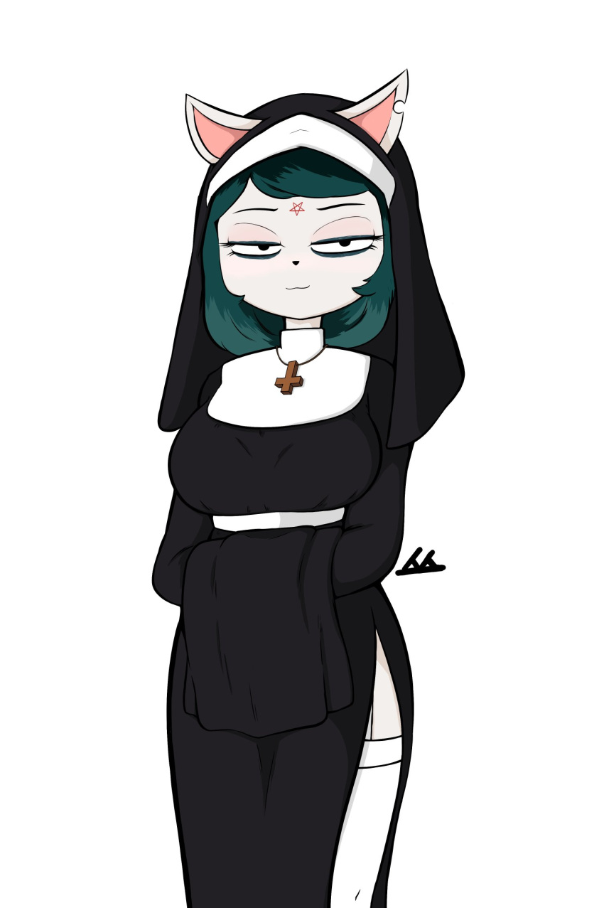 2021 anthro cartoon_hangover claire_(the_summoning) clothing felid feline female garbageman garter_straps hi_res legwear mammal notched_ear nun simple_background smug solo the_summoning thigh_highs upside_down_cross white_background