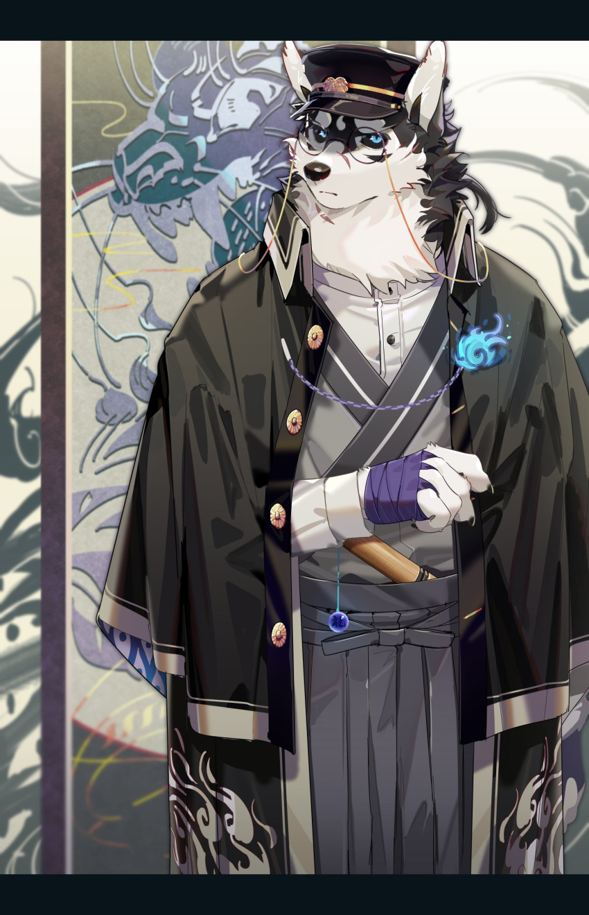 anthro asian_clothing black_and_white_fur black_sclera blue_eyes canid canine canis clothing detailed_background domestic_dog east_asian_clothing eyewear glasses hat headgear headwear hi_res japanese_clothing katana kimono male mammal masanori melee_weapon omochi_kuitai solo sword tokyo_afterschool_summoners video_games weapon