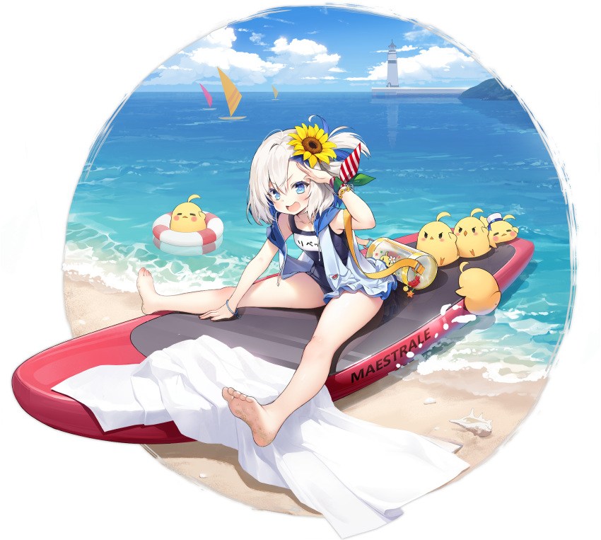 1girl azur_lane bare_arms barefoot beach blue_eyes blue_hair blue_sky blush bracelet byulzzi character_name cloud cloudy_sky collarbone day expressions feet flower full_body hair_flower hair_ornament highres jewelry legs libeccio_(azur_lane) libeccio_(beachbound_southwestern_wind!)_(azur_lane) lighthouse manjuu_(azur_lane) multicolored_hair ocean official_art open_mouth outdoors salute school_swimsuit shore short_hair silver_hair sitting sky smile sunflower sunflower_hair_ornament surfboard swimsuit toes towel transparent_background water