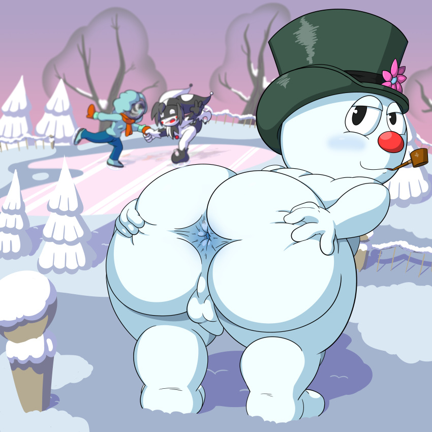 absurd_res anus balls butt clothing elemental_creature elemental_humanoid frosty_the_snowman genitals group hat headgear headwear hi_res humanoid male mineral_fauna mineral_humanoid not_furry snow snow_creature snow_humanoid snowman solo_focus spread_anus spreading thejestermime