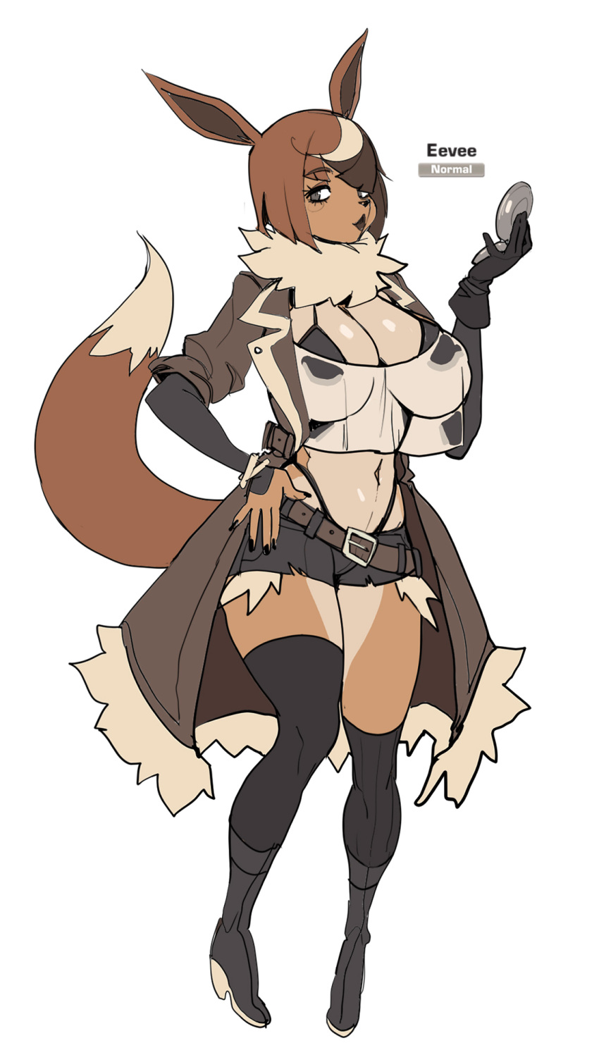 anthro big_breasts breasts brown_body brown_fur brown_hair cleavage clothed clothing eevee female fur hair hand_on_hip hi_res maniacpaint nintendo pok&eacute;mon pok&eacute;mon_(species) simple_background solo video_games white_background