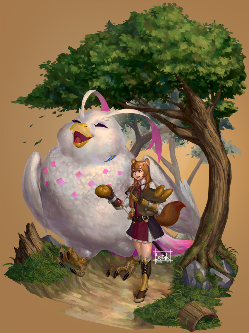 2021 animal_humanoid avian beak belt bird botak clothing duo feathers female feral filo_(the_rising_of_the_shield_hero) footwear gloves handwear hi_res holding_bread humanoid open_mouth outside plant raphtalia shoes size_difference smile talons the_rising_of_the_shield_hero tree walking white_body white_feathers