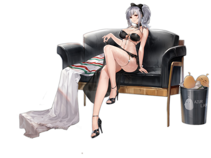 1girl animal azur_lane bare_arms bare_legs bare_shoulders bikini bird black_bikini black_choker black_footwear bow breasts chick choker cleavage couch giulio_cesare_(azur_lane) giulio_cesare_(high_tide_under_the_sunlight)_(azur_lane) grin gujianshaonu hair_bow high_heels highres knee_up large_breasts long_hair looking_at_viewer manjuu_(azur_lane) navel o-ring o-ring_bikini official_art red_eyes sarong shiny shiny_clothes silver_hair sitting smile solo stomach swimsuit thigh_strap thighs transparent_background trash_can twintails