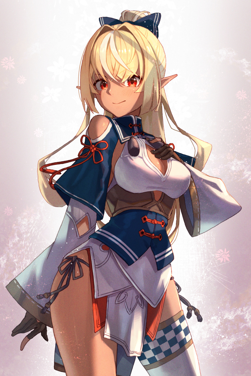 1girl black_gloves blonde_hair blush bow breasts cleavage cleavage_cutout closed_mouth clothing_cutout contrapposto cowboy_shot dark_skin dark_skinned_female elf gloves hair_bow hair_ribbon half_updo hand_on_breast high_collar high_ponytail highres hololive japanese_clothes long_hair long_sleeves looking_at_viewer medium_breasts multicolored_hair pelvic_curtain pointy_ears ponytail red_eyes ribbon shiranui_flare shoulder_cutout side-tie_bottom sidelocks single_thighhigh smile solo sooon streaked_hair thighhighs virtual_youtuber wide_sleeves