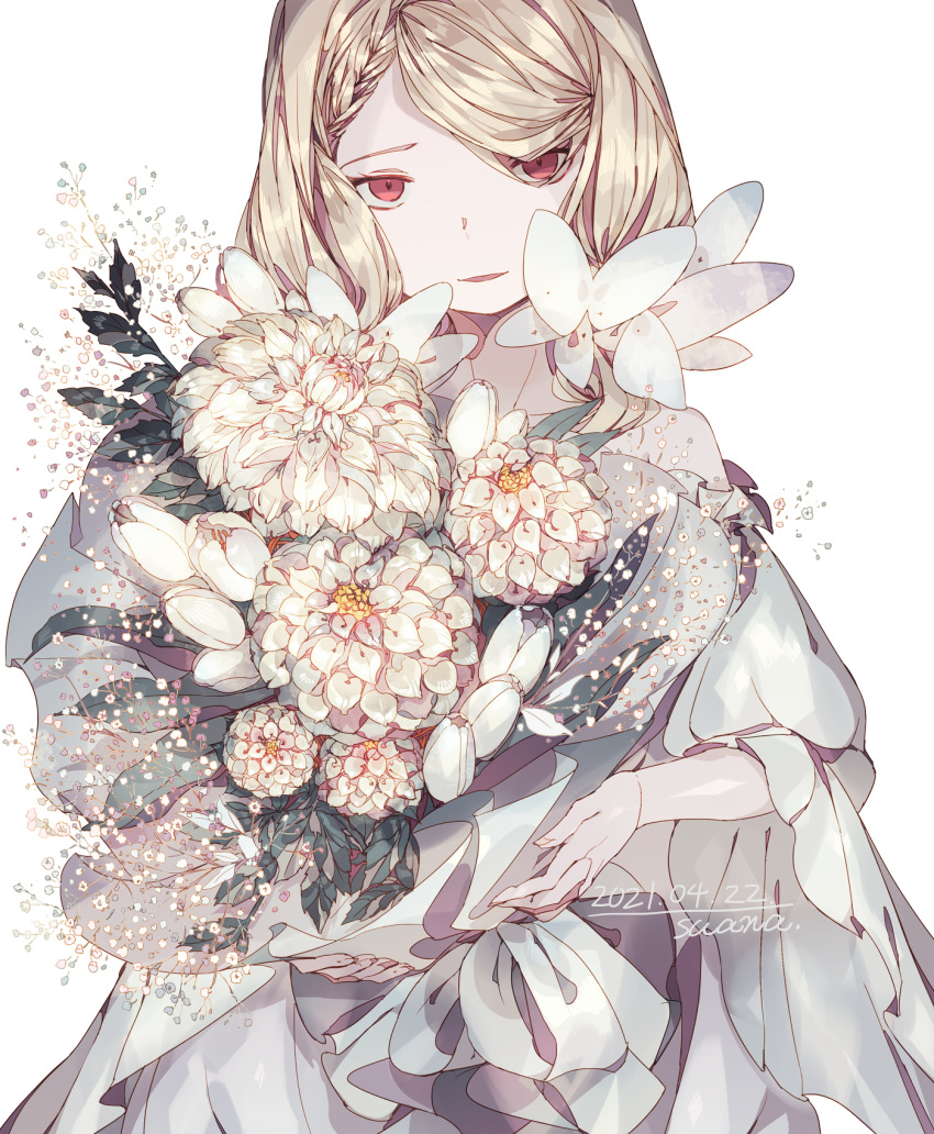 1girl artist_name bouquet braid dated flower highres lemming_no_suana long_hair original red_eyes simple_background solo standing white_background