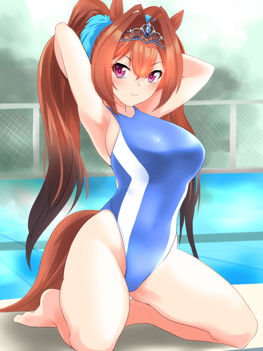 1girl absurdres arms_behind_head barefoot blue_swimsuit breasts brown_hair chain-link_fence commentary_request daiwa_scarlet_(umamusume) fence highleg highleg_swimsuit highres kneeling large_breasts long_hair looking_at_viewer nanao_futaba pool red_eyes solo swimsuit tiara twintails umamusume very_long_hair