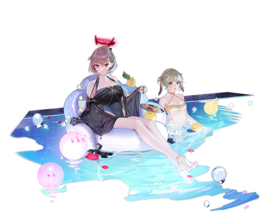 2girls anklet azur_lane bare_shoulders barefoot bikini black_bow black_swimsuit blue_hair blush bow breasts brown_hair building city closed_mouth collarbone covered_navel duca_degli_abruzzi_(azur_lane) duca_degli_abruzzi_(lustrous_onyx_sirenetta)_(azur_lane) fingernails flower food fruit grey_hair highres holding in_water jacket jewelry large_breasts leaf looking_at_viewer manjuu_(azur_lane) mechanical_arms medium_breasts multicolored_hair multiple_girls necktie official_art ohisashiburi one-piece_swimsuit open_mouth partially_submerged petals pool prosthesis prosthetic_arm red_eyes red_hair red_nails see-through shiny shiny_hair short_hair short_twintails single_mechanical_arm sitting smile sunglasses swimming swimsuit tied_hair toes transparent_background tray twintails water wet yellow_bikini