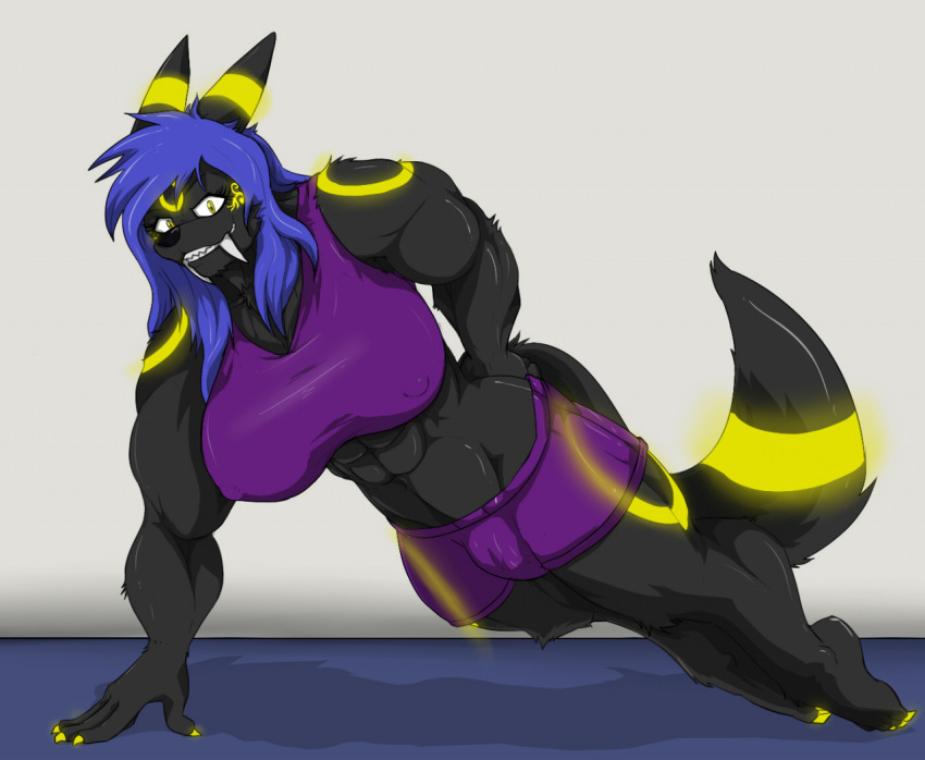 anthro ariffrazalin big_breasts big_fangs black_body black_fur black_nose breasts bulge claws eeveelution exercise fur gynomorph intersex looking_at_viewer multicolored_body multicolored_fur muscular muscular_gynomorph muscular_intersex nintendo nipple_outline pok&eacute;mon pok&eacute;mon_(species) push-up smile solo two_tone_body two_tone_fur umbreon video_games yellow_body yellow_eyes yellow_fur