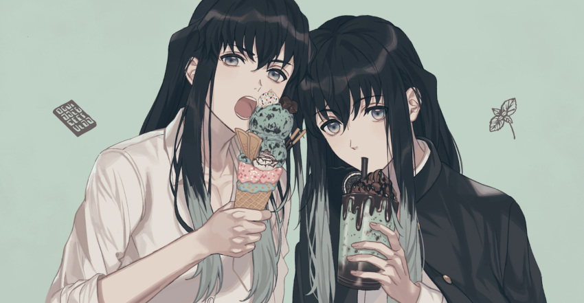 234_(1234!) 2boys bangs black_hair black_shirt brothers buttons chocolate chocolate_syrup collared_shirt cup drinking drinking_straw eating food gakuran green_background green_eyes hand_up highres holding holding_cup ice_cream ice_cream_cone japanese_clothes kimetsu_no_yaiba long_hair long_sleeves looking_at_viewer male_focus multicolored_hair multiple_boys open_mouth oreo school_uniform shirt siblings simple_background sleeves_rolled_up sprinkles teeth tokitou_muichirou tokitou_yuichirou two-tone_hair upper_body white_shirt