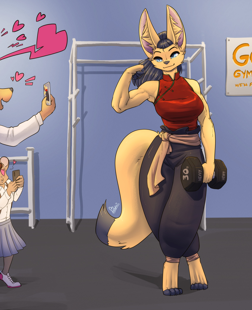 &lt;3 anthro asian_clothing black_hair blue_eyes breasts canid canine cellphone clothing dumbbell exercise female fenavi_montaro fennec feretta flexing fox fur group gym hair hi_res mammal muscular muscular_female phone smartphone taking_picture trio weights workout yellow_body yellow_fur