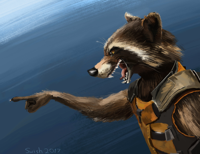 2017 absurd_res anthro black_body black_fur black_nose brown_body brown_fur cheek_tuft claws clothed clothing facial_tuft fangs finger_claws fingers fur gesture guardians_of_the_galaxy hi_res male mammal marvel open_mouth orange_clothing pointing procyonid raccoon rascheln rocket_raccoon solo swish swishchee teeth text tongue tuft whiskers white_body white_fur yellow_eyes