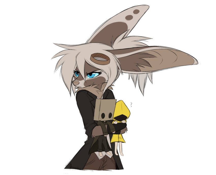 2021 anthro aseethe blue_eyes blue_sclera brown_body brown_fur canid canine clothed clothing eyewear female fennec fox fully_clothed fur goggles grey_nose hair hi_res little_nightmares mammal paper_bag sepiapaws simple_background six_(little_nightmares) white_background