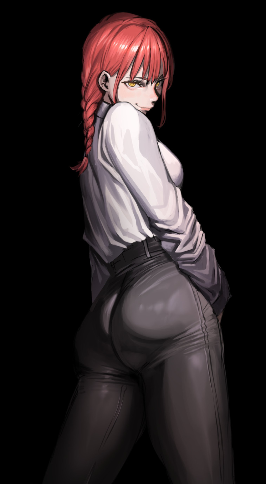 1girl absurdres ass black_background braid breasts chainsaw_man from_behind hanny_(uirusu_chan) highres looking_at_viewer looking_back makima_(chainsaw_man) pants red_hair simple_background smile solo tight tight_pants yellow_eyes