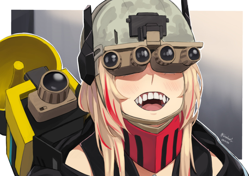 1girl banana_(girls_frontline) blonde_hair blush commentary dated girls_frontline goggles grin helmet highres kion-kun long_hair m4_sopmod_ii_(girls_frontline) megaphone meme mod3_(girls_frontline) multicolored_hair night_vision_device open_mouth red_hair smile streaked_hair teeth twitter_username upper_body