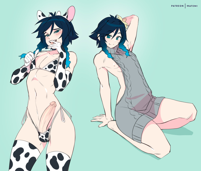 1boy alternate_costume androgynous animal_ears animal_print arm_up bangs bare_shoulders bikini bikini_bottom bikini_pull bikini_top black_hair blue_background blue_hair braid clothes_pull collarbone cow_ears cow_print elbow_gloves english_commentary eyebrows_visible_through_hair fake_animal_ears flower genshin_impact gloves gradient_hair green_eyes hair_flower hair_ornament highres large_penis looking_at_viewer male_focus matemi meme_attire multicolored_hair nipples open_mouth penis ribs seiza short_hair_with_long_locks simple_background sitting smile solo swimsuit thighhighs tongue tongue_out twin_braids venti_(genshin_impact) virgin_killer_sweater white_flower