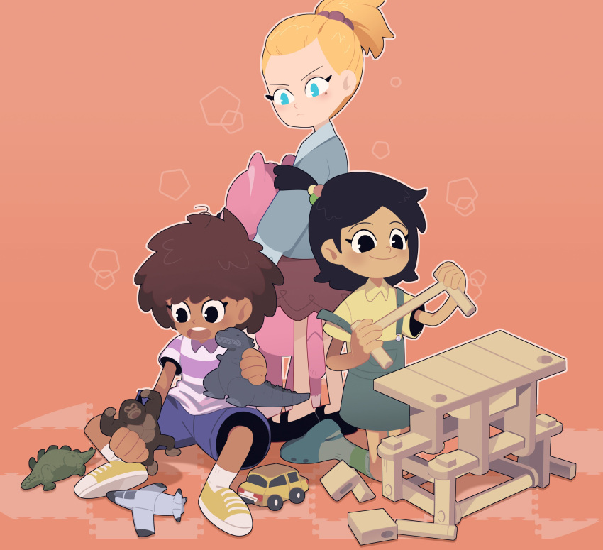3girls absurdres amphibia anne_boonchuy black_hair blonde_hair blue_eyes brown_hair building_block caroro117 dark_skin dark_skinned_female dinosaur dress frown godzilla highres holding holding_toy jacket king_kong looking_at_another marcy_wu medium_hair multiple_girls open_mouth overall_skirt playing ponytail sasha_waybright scrunchie shirt shoes shorts simple_background smile sneakers socks stuffed_toy t-shirt toy toy_airplane toy_car younger