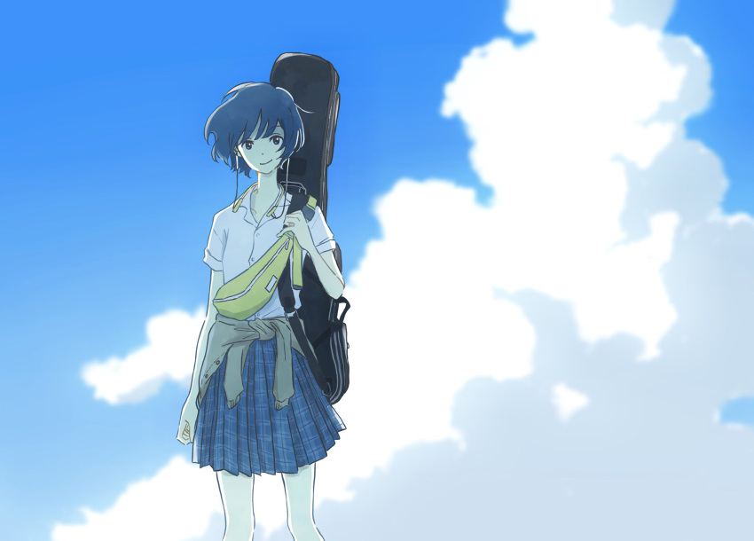 1girl blue_hair blue_skirt blue_sky cloud cloudy_sky earrings feet_out_of_frame highres instrument_on_back jewelry looking_at_viewer original plaid plaid_skirt pleated_skirt shirt shirt_tucked_in short_hair short_sleeves skirt sky smile solo white_shirt yutsukidayo