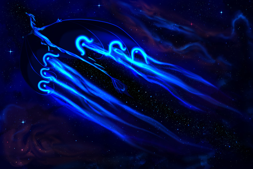 2021 ambiguous_gender cosmic_background detailed_background digital_media_(artwork) dragon feral flying hi_res horn membrane_(anatomy) membranous_wings night outside plaguedogs123 sky solo spines star starry_sky wings