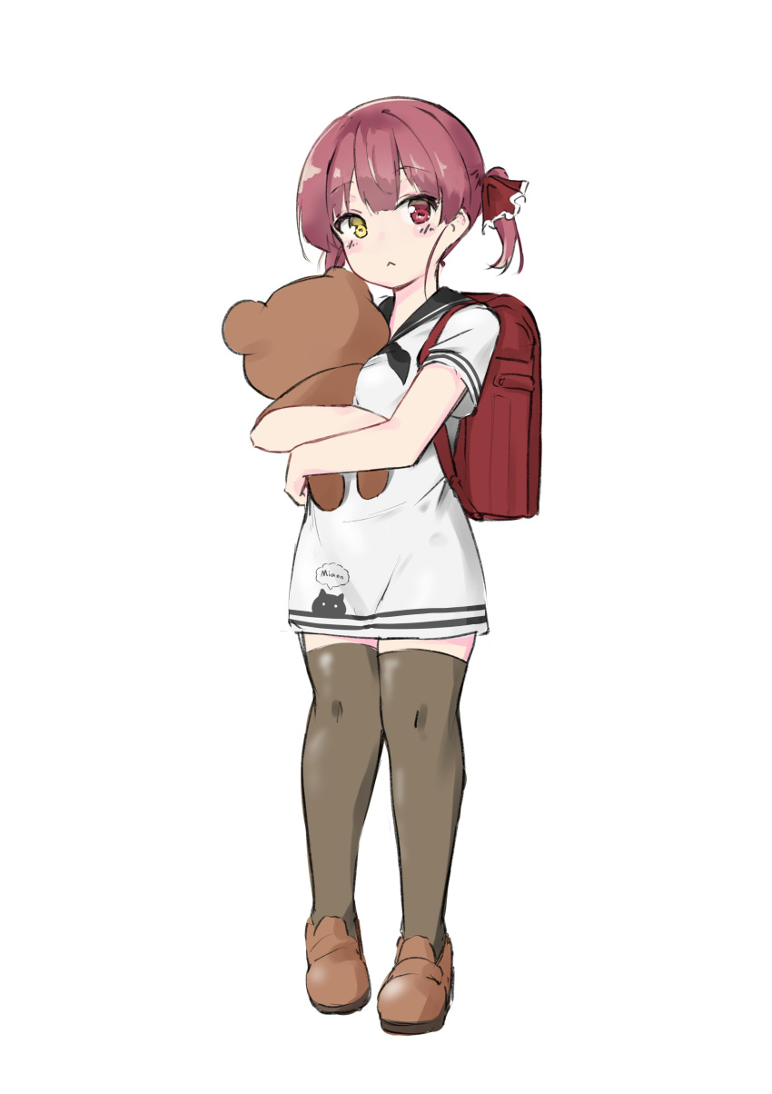 1girl absurdres backpack bag bangs blush brown_footwear child closed_mouth commentary cosplay_request dress eyebrows_visible_through_hair full_body hair_ribbon heterochromia highres holding holding_stuffed_toy hololive houshou_marine komasi looking_at_viewer no_headwear object_hug randoseru red_bag red_eyes red_hair ribbon sailor_collar sailor_dress shoes short_dress short_sleeves simple_background solo striped stuffed_animal stuffed_toy teddy_bear thighhighs twintails virtual_youtuber white_background white_dress yellow_eyes younger