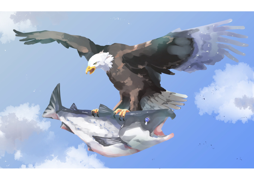 animalization bald_eagle bird blue_eyes blue_sky cloud eagle fish flying highres kamikoshi_sorawo nishina_toriko no_humans nro salmon_(fish) sky tears urasekai_picnic