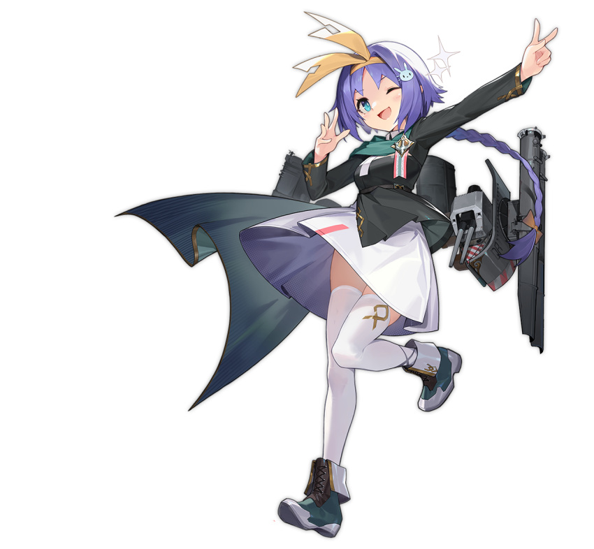1girl artist_request azur_lane black_jacket blue_eyes braid breasts cape hairband jacket looking_at_viewer medal medium_breasts nicoloso_da_recco_(azur_lane) official_art purple_hair rigging short_hair_with_long_locks skirt solo thighhighs torpedo_launcher transparent_background white_footwear white_legwear white_skirt yellow_hairband