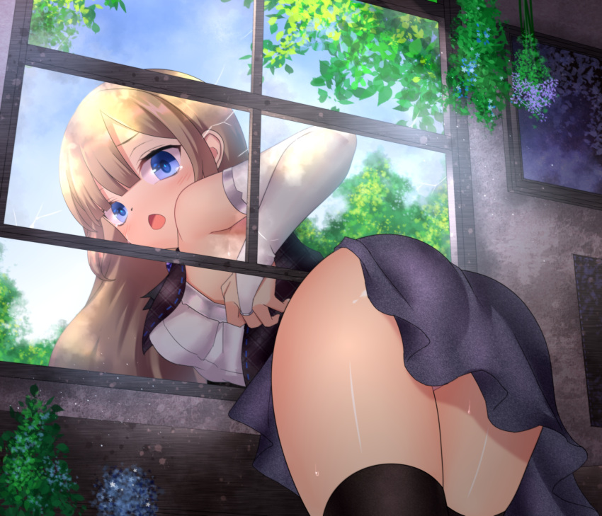 1girl ass blonde_hair blue_eyes blue_sky breasts bridal_gauntlets commentary_request highres long_hair looking_at_viewer looking_back medium_breasts neit_ni_sei open_mouth original shiny shiny_skin skirt sky solo stuck thighhighs through_window window